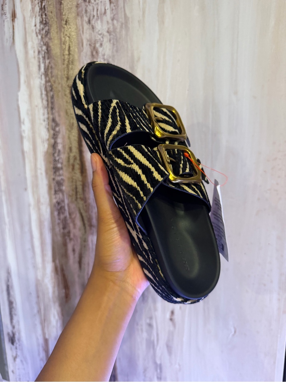 ASOS Black and Cream Zebra-Print Slide Sandals with Gold Buckles - Picture 4 of 5